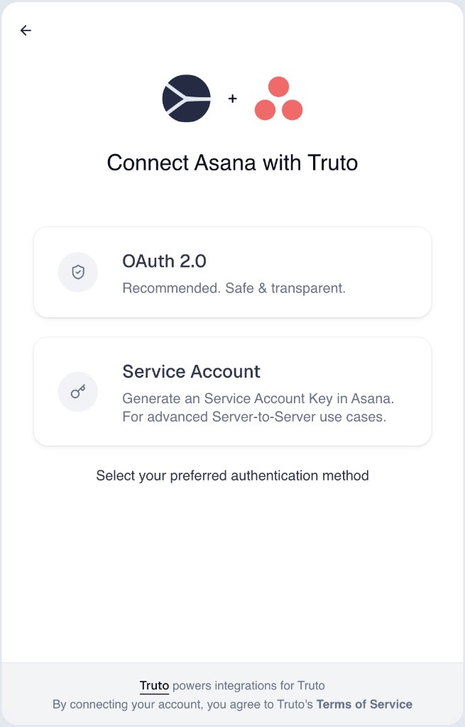 Custom authentication method labels in the Truto Connect UI for Asana