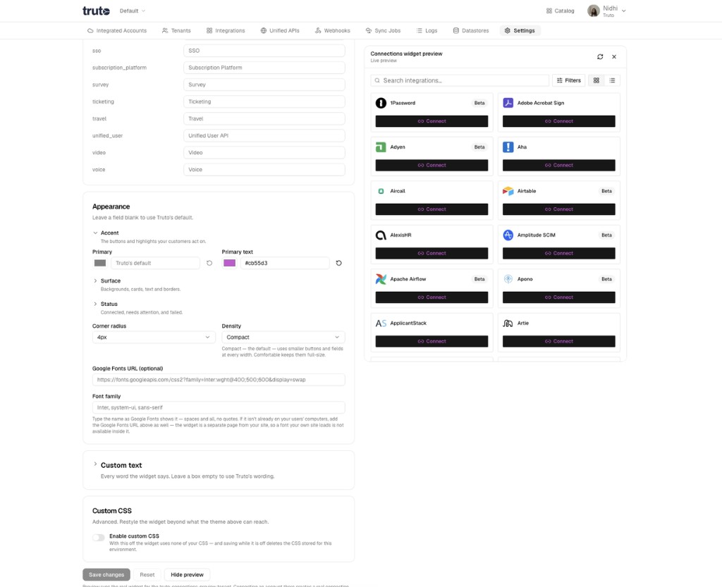 Connections widget appearance settings for accent colours, corner radius, density, fonts, and custom CSS