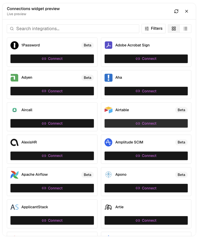 Embedded Connections widget showing integration cards with Connect buttons