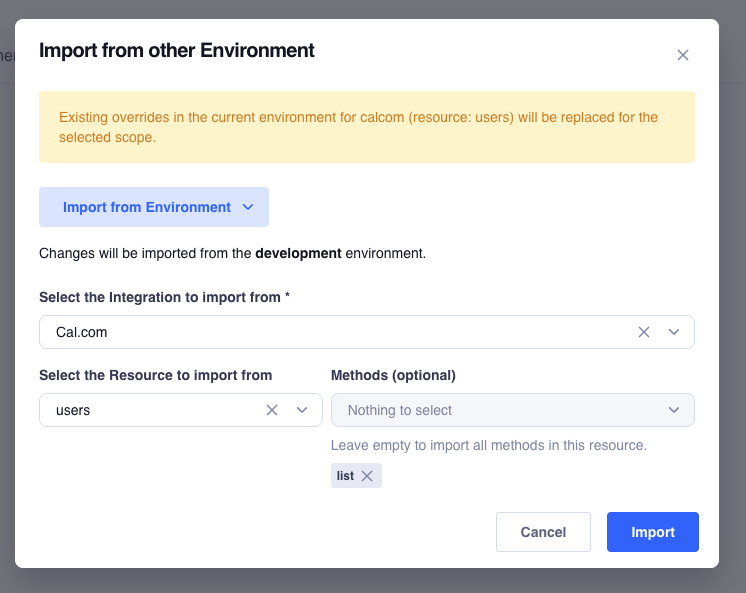 Import overrides by environment, integration, resource, and method