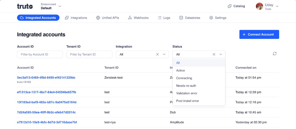 Filter integrated accounts by status in the Truto dashboard