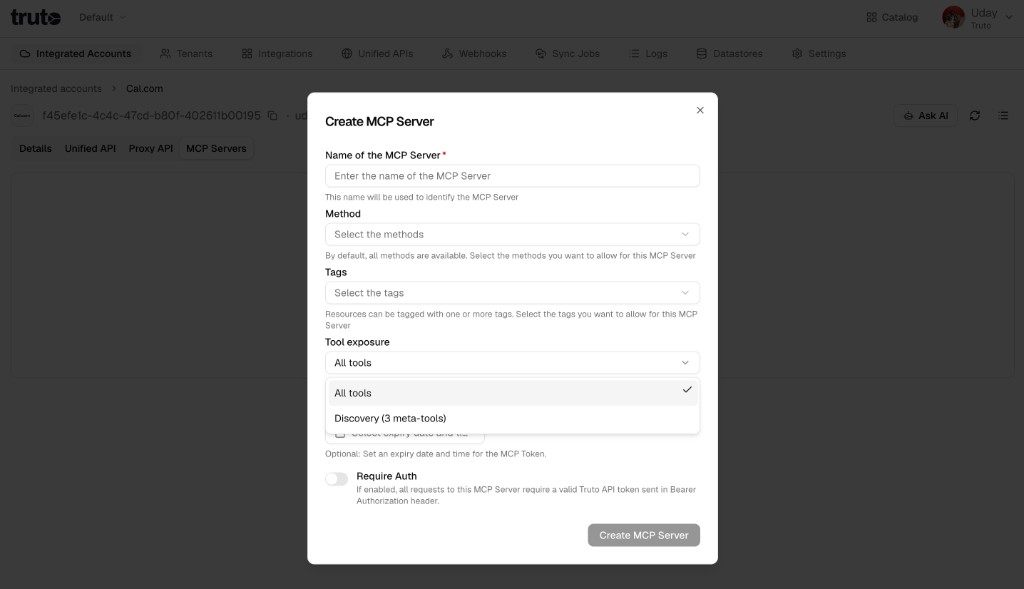 Create MCP Server modal with Tool exposure set to Discovery (3 meta-tools)