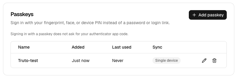 Passkeys list showing name, added date, last used, and sync status