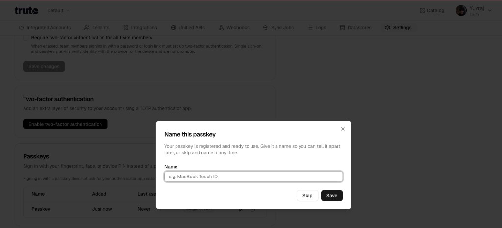 Name this passkey modal with an optional name field