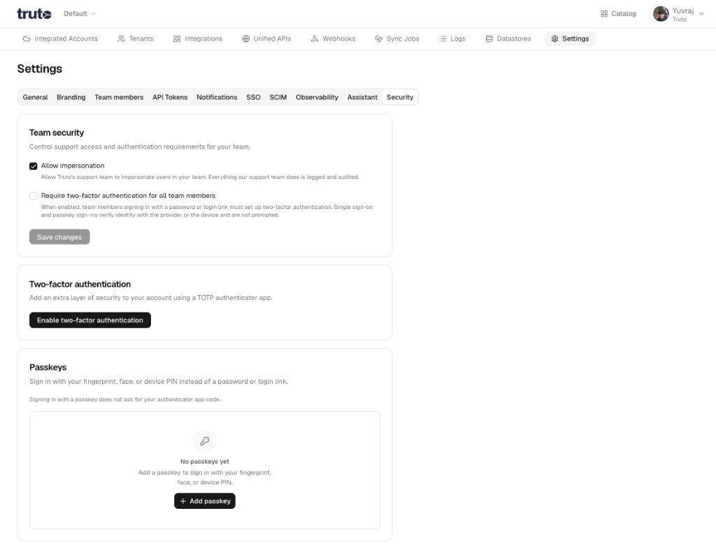 Settings Security page with the Passkeys section and Add passkey action