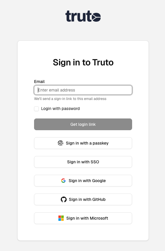 Truto sign-in screen with a Sign in with a passkey option