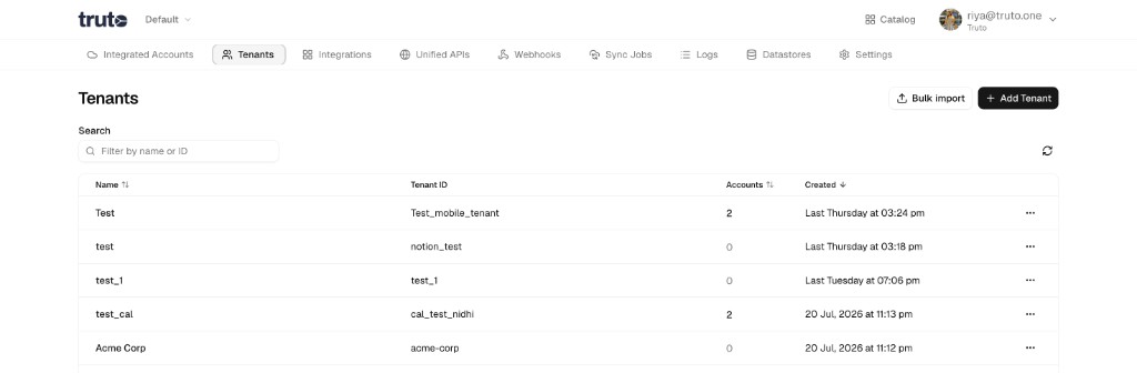 Tenants list with search, connected account counts, and Bulk import and Add Tenant actions