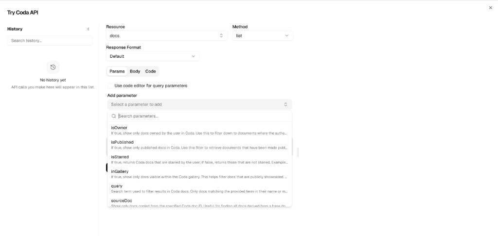 Add parameter dropdown open with a search box and optional Coda params including isOwner, isPublished, isStarred, inGallery, query, and sourceDoc