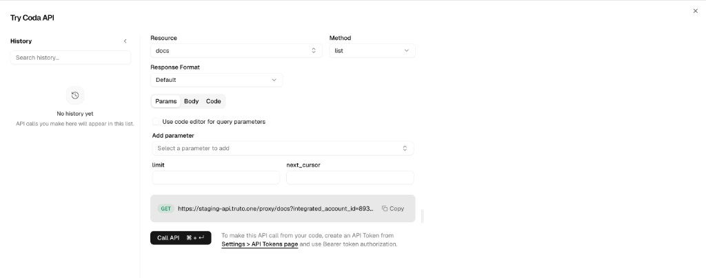 Try API params for the Coda docs list method with an empty Add parameter picker above limit and next_cursor