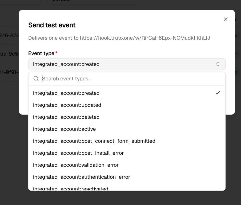 Send test event modal with searchable event type picker for webhook testing